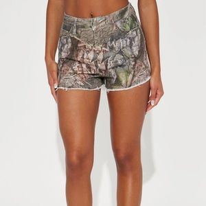 Fashion Nova Sneaking Around Camo Stretch Denim Shorts - Olive